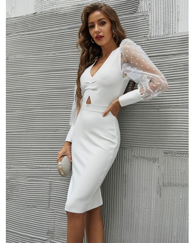 Women Birthday Party Dresses White V-Neck Long Sleeves Semi Formal Dress Summer Fall