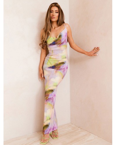 Women Dress Cowl Neck Printed Pleated Rose Long Beach Dress Summer