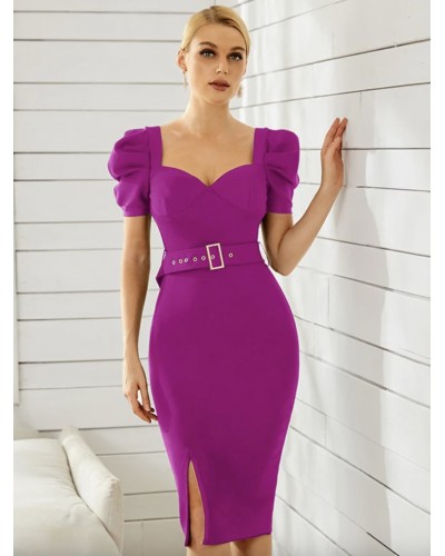 Women Bodycon Dresses Purple Red V-Neck Pleated Layered Short Sleeves Sexy Midi Pencil Dress Summer Dating