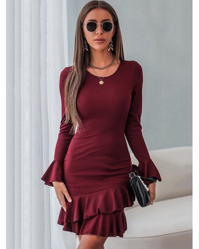 Women Bodycon Dresses Deep Apricot Long Sleeves Casual Jewel Neck Body-conscious Sheath Dress Chic  Modern Spring Fall