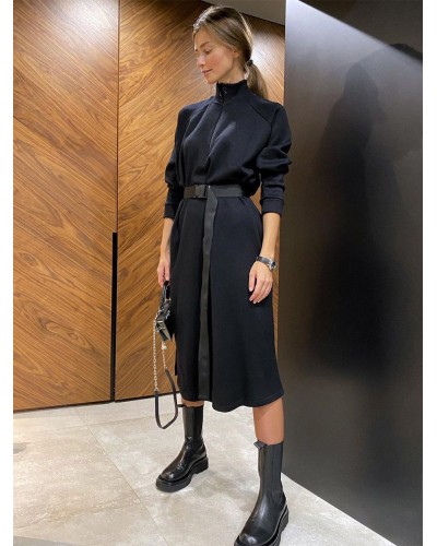 Women Shift Dresses Mock Neck Long Sleeves Belted Zipper Low-Slit Dress Casual Athletic Spring Fall