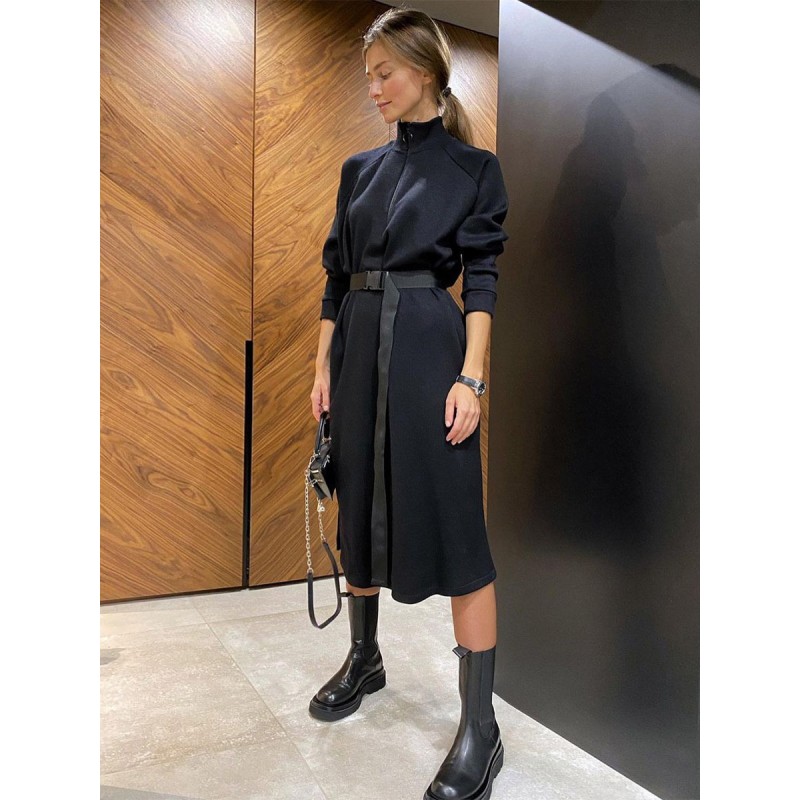 Women Shift Dresses Mock Neck Long Sleeves Belted Zipper Low-Slit Dress Casual Athletic Spring Fall