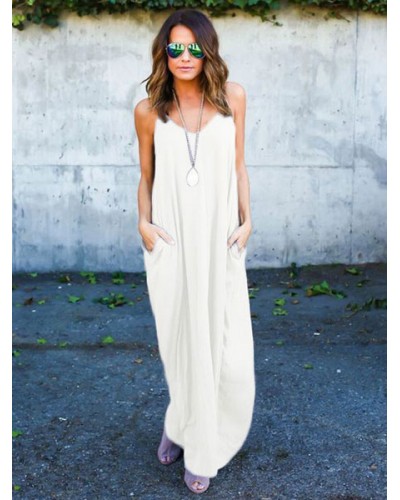 White Long Dress Dress Sleeveless Summer Long Warp Dress With Pockets Maxi Daily Casual