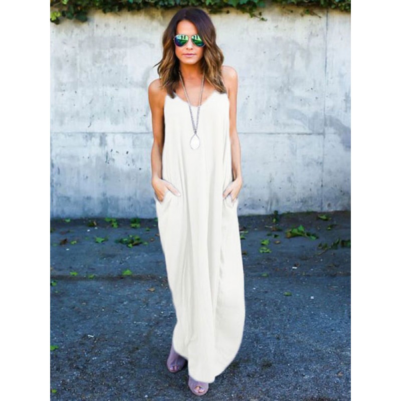 White Long Dress Dress Sleeveless Summer Long Warp Dress With Pockets Maxi Daily Casual