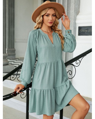 Shift Dresses V-Neck Pleated Dark Green Casual Long Sleeves Mini Dress Bodycon Daily Casual Street Wear Dating