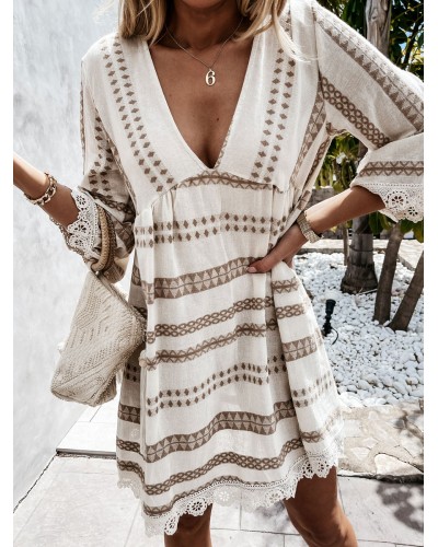 Dress V-Neck Long Sleeve Geometric Apricot Short Beach Dress Summer Daily Casual