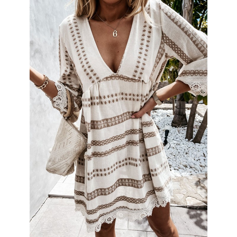 Dress V-Neck Long Sleeve Geometric Apricot Short Beach Dress Summer Daily Casual