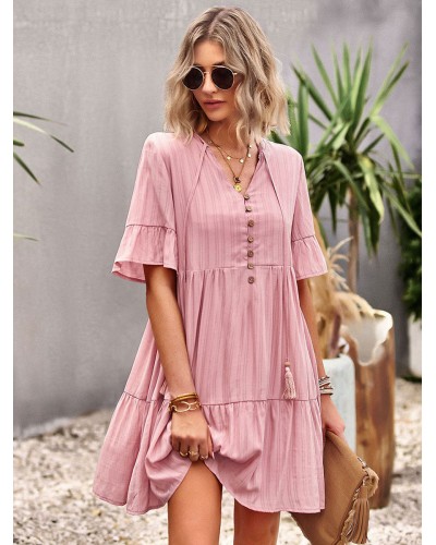 Women Dresses Short Sleeves Casual Lace Up V-Neck Pink Tunic Dress Shift Summer