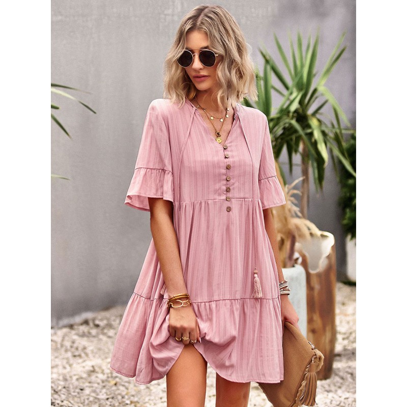 Women Dresses Short Sleeves Casual Lace Up V-Neck Pink Tunic Dress Shift Summer