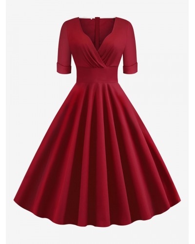 Dress 1950s Audrey Hepburn Style Red Layered Short Sleeves Sweetheart Neck Rockabilly Dress Vintage Retro Summer