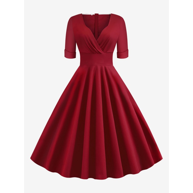 Dress 1950s Audrey Hepburn Style Red Layered Short Sleeves Sweetheart Neck Rockabilly Dress Vintage Retro Summer