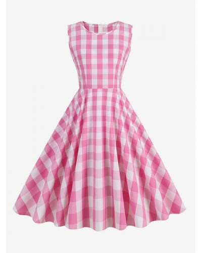 Barbie Pink Gingham Dress 1950s Audrey Hepburn Sleeveless Dress Bodycon Sweet Retro Spring Summer Fall