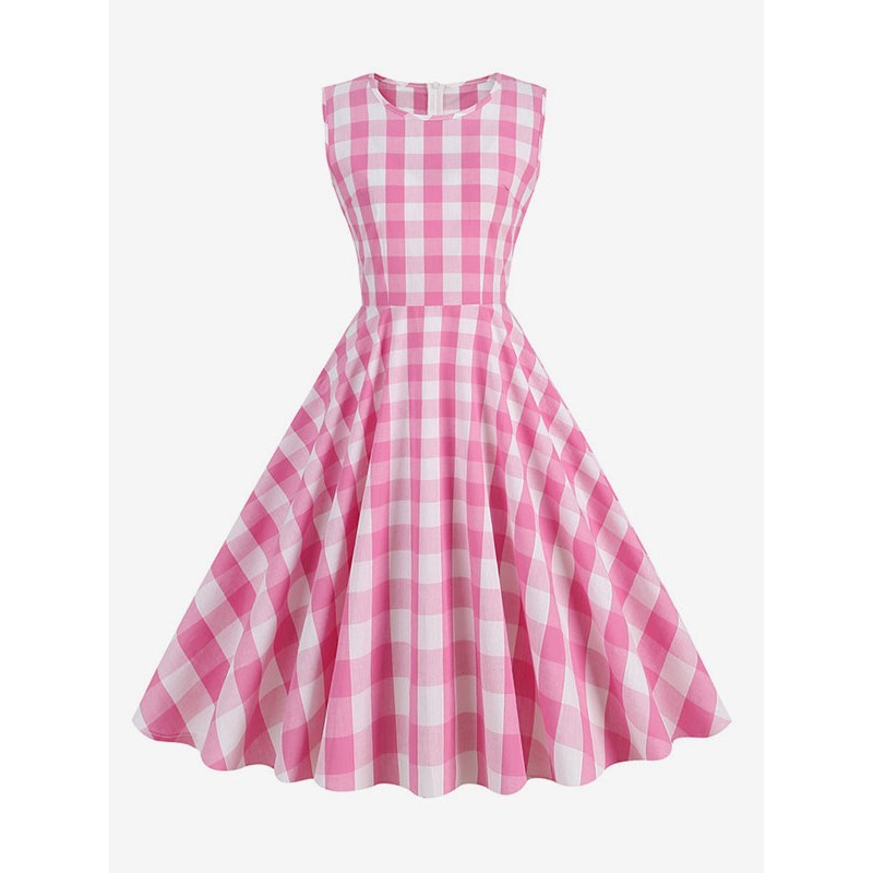 Barbie Pink Gingham Dress 1950s Audrey Hepburn Sleeveless Dress Bodycon Sweet Retro Spring Summer Fall