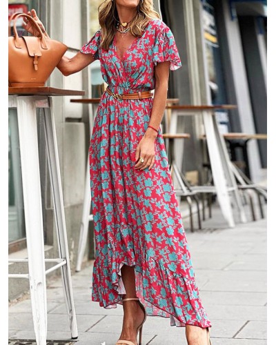 V-Neck Maxi Dress Short Sleeves Printed Sash Long Dress Summer Beach Resort Wear