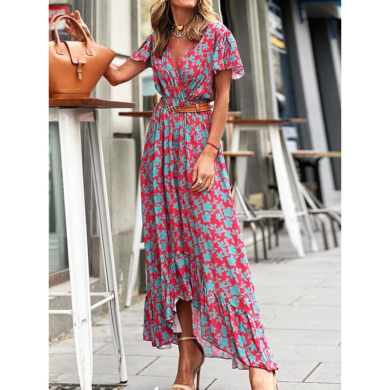 V-Neck Maxi Dress Short Sleeves Printed Sash Long Dress Summer Beach Resort Wear