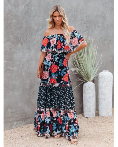 Women Maxi Dress Bateau Neck Short Sleeves Floral Print Long Dress Bohemian Spring Summer