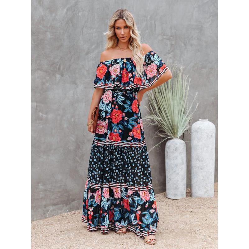 Women Maxi Dress Bateau Neck Short Sleeves Floral Print Long Dress Bohemian Spring Summer