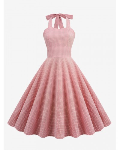 Barbie Pink Gingham Dress 1950s Audrey Hepburn Plaid Sleeveless Dress Vintage Retro Spring Summer