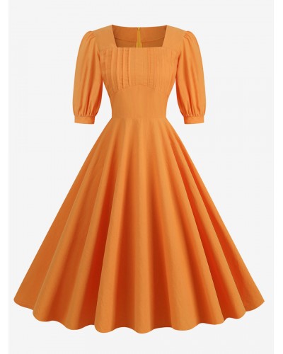 Dress Orange Pleated 1950s Audrey Hepburn Style Half Sleeves Square Neck Medium Rockabilly Dress Vintage Retro Summer