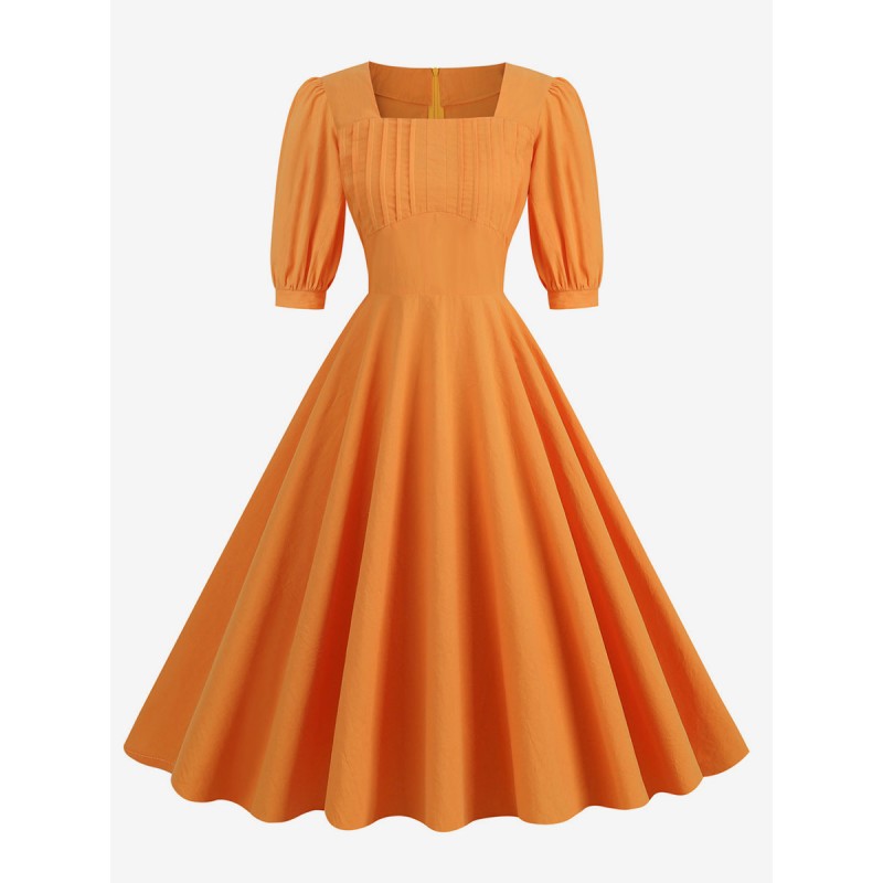 Dress Orange Pleated 1950s Audrey Hepburn Style Half Sleeves Square Neck Medium Rockabilly Dress Vintage Retro Summer