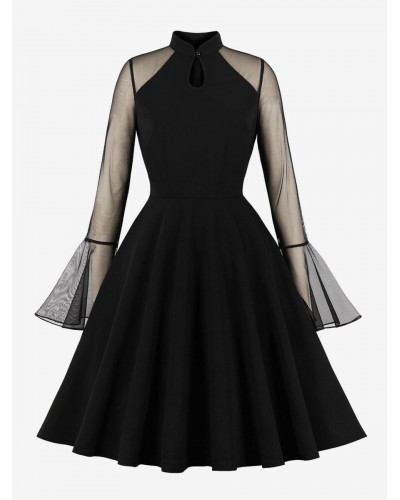 Women Retro Dress 1950s Audrey Hepburn Style Stand Collar Long Sleeves Knee Length Rockabilly Dress Bodycon Daily Casual