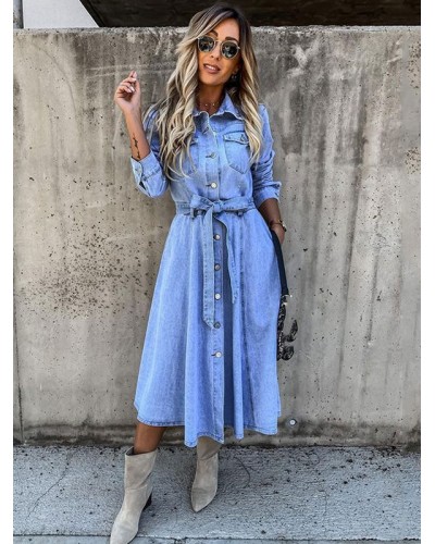 Skater Dresses Turndown Collar Long Sleeves Buttons Oversized Casual Fit And Flare Dress Maxi Spring Fall