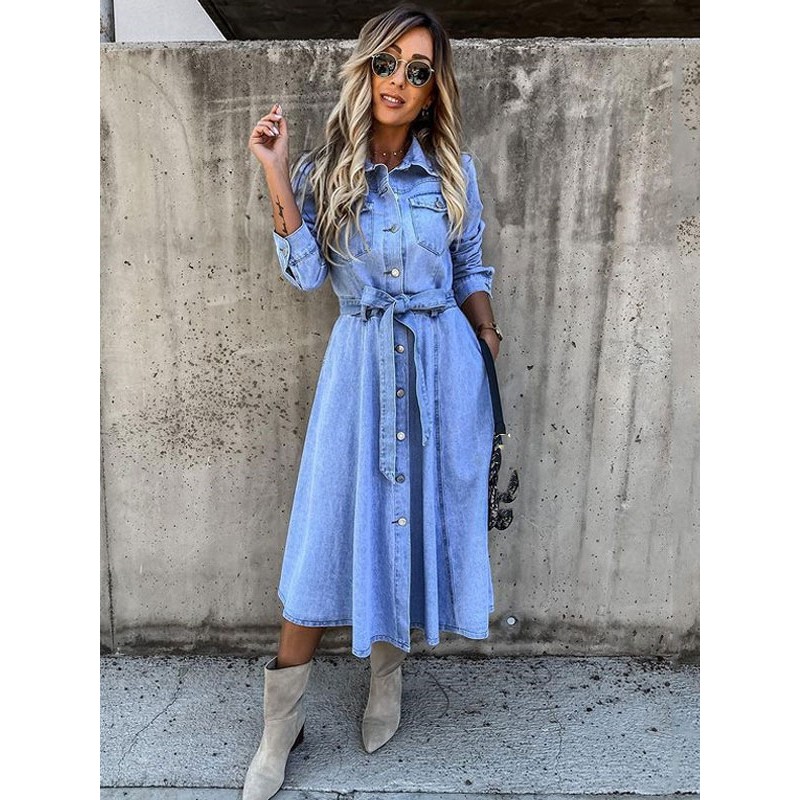 Skater Dresses Turndown Collar Long Sleeves Buttons Oversized Casual Fit And Flare Dress Maxi Spring Fall