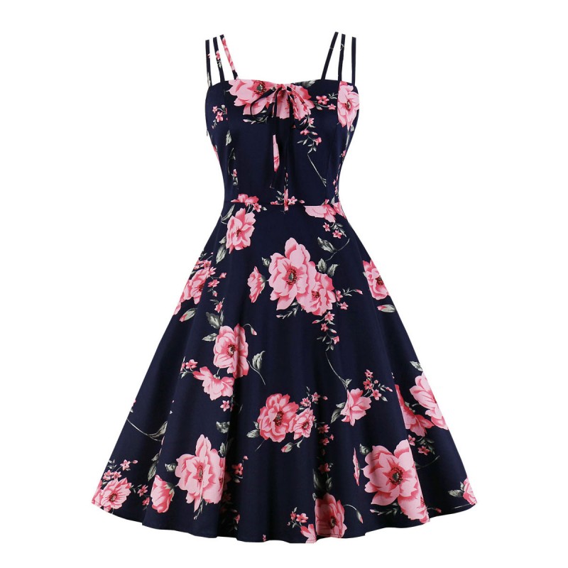 Women Retro Dress 1950s Audrey Hepburn Style Bateau Neck Open Shoulder Sleeveless Floral Swing Dress Bodycon Dating