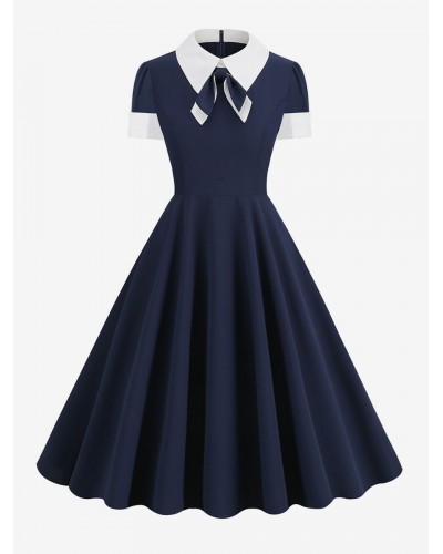 Women Dress 1950s Audrey Hepburn Style Peter Pan Collar Short Sleeves Woman's Medium Two-Tone Swing Dress Vintage Retro Spring Summer