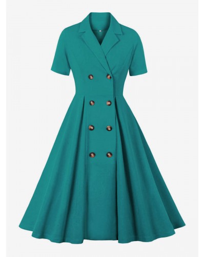 Dress 1950s Audrey Hepburn Style Cyan Buttons Short Sleeves V-Neck Swing Dress Bodycon Retro Summer