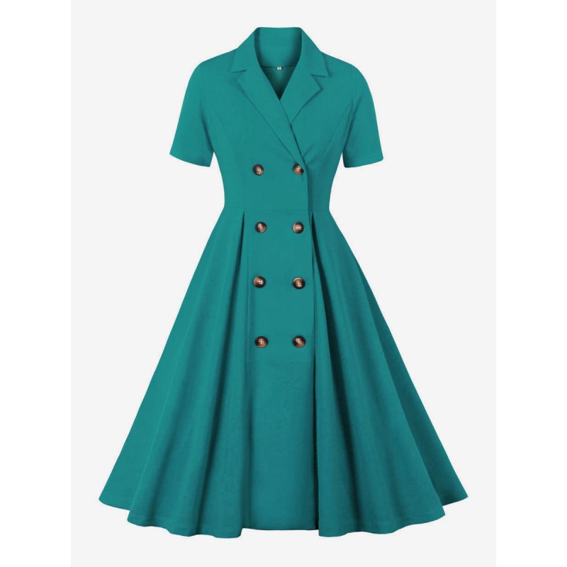 Dress 1950s Audrey Hepburn Style Cyan Buttons Short Sleeves V-Neck Swing Dress Bodycon Retro Summer