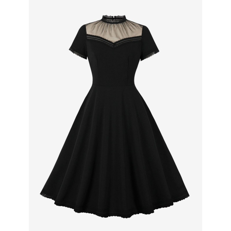 Women Vintage Dress 1950s Audrey Hepburn Style Crewneck Lace Short Sleeves Knee Length Black Rockabilly Dress Bodycon Daily Casual Party