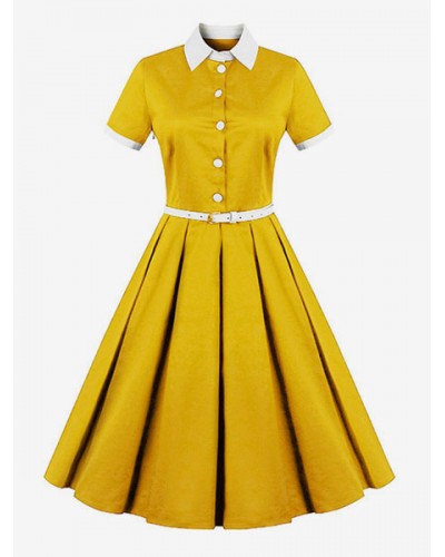 1950s Audrey Hepburn Style Yellow Short Sleeve Belted Retro Swing Dress Vintage Daily Casual