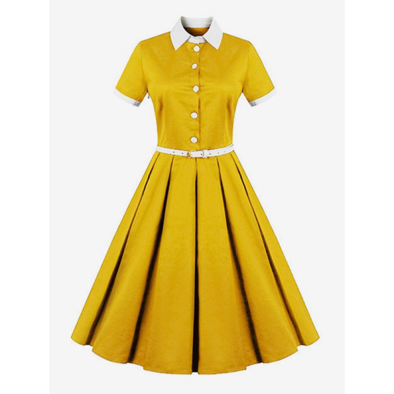 1950s Audrey Hepburn Style Yellow Short Sleeve Belted Retro Swing Dress Vintage Daily Casual