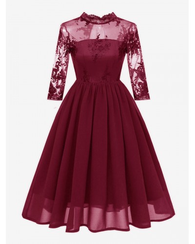 Women 1950s Audrey Hepburn Style Dress Burgundy 3/4 Length Sleeves Chiffon Lace Rockabilly Dress Dress Retro Summer