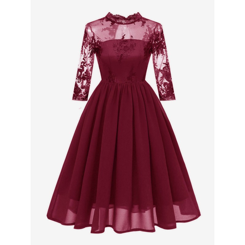 Women 1950s Audrey Hepburn Style Dress Burgundy 3/4 Length Sleeves Chiffon Lace Rockabilly Dress Dress Retro Summer