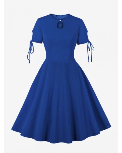 Women Retro Dress 1950s Audrey Hepburn Style Crewneck Lace Up Short Sleeves Knee Length Blue Rockabilly Dress Bodycon Daily Casual Field Party