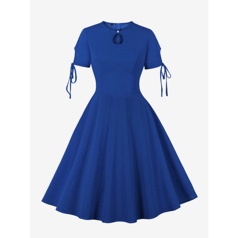 Women Retro Dress 1950s Audrey Hepburn Style Crewneck Lace Up Short Sleeves Knee Length Blue Rockabilly Dress Bodycon Daily Casual Field Party