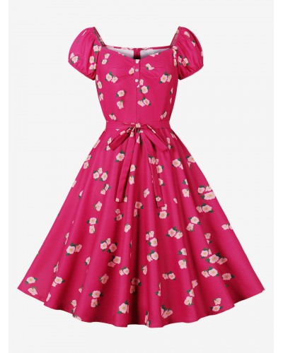 Retro Dress 1950s Audrey Hepburn Style Rose Floral Print Sash Short Sleeves V-Neck Knee Length Rockabilly Dress Bodycon Chic  Modern Casual Spring Summer Fall