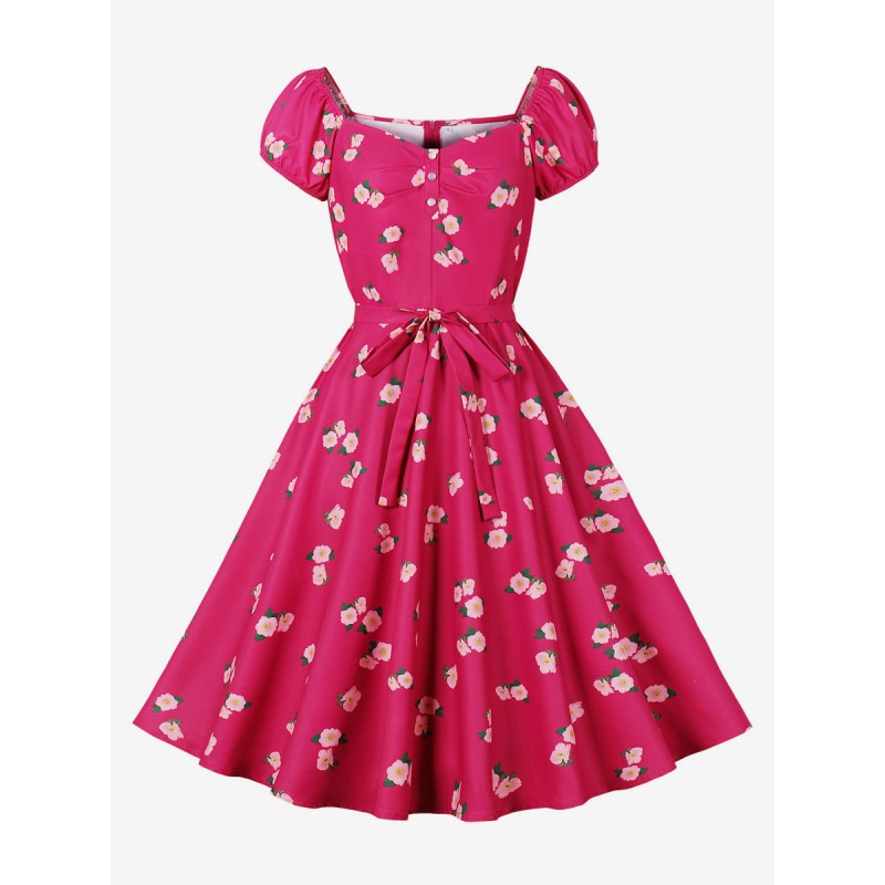 Retro Dress 1950s Audrey Hepburn Style Rose Floral Print Sash Short Sleeves V-Neck Knee Length Rockabilly Dress Bodycon Chic  Modern Casual Spring Summer Fall