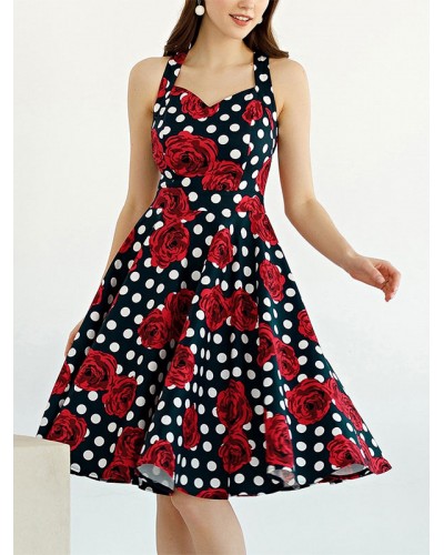 Retro Dress 1950s Audrey Hepburn Style Sweetheart Neck Sleeveless Knee Length Printed Swing Dress Vintage Daily Casual