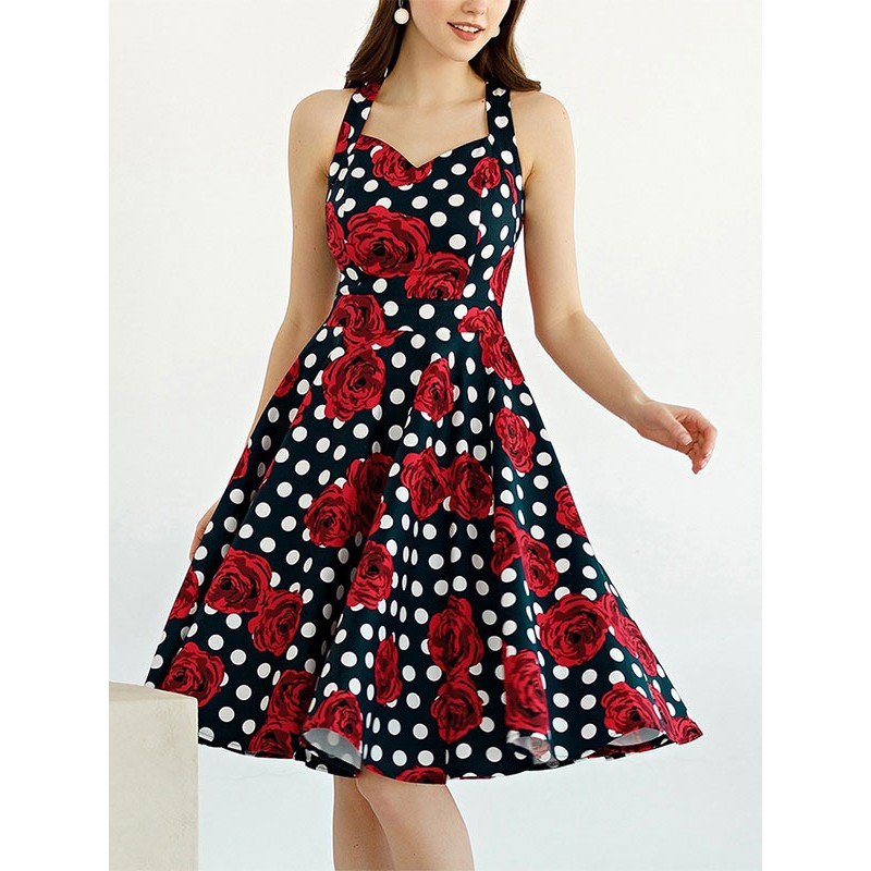 Retro Dress 1950s Audrey Hepburn Style Sweetheart Neck Sleeveless Knee Length Printed Swing Dress Vintage Daily Casual