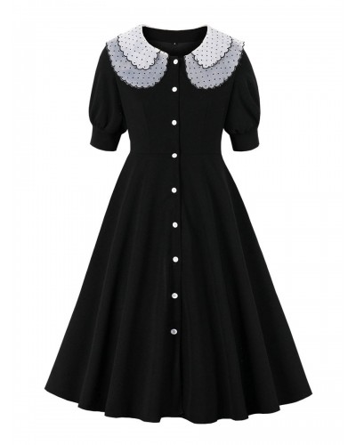 Vintage Dress 1950s Audrey Hepburn Style Black Women Short Sleeves Swing Dress Bodycon Summer