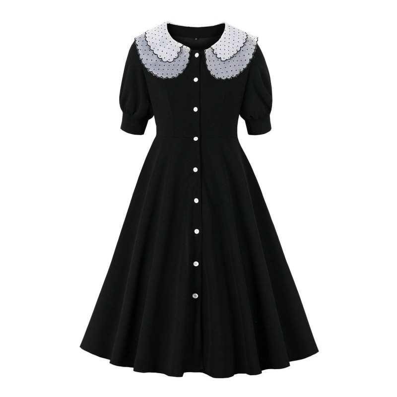 Vintage Dress 1950s Audrey Hepburn Style Black Women Short Sleeves Swing Dress Bodycon Summer