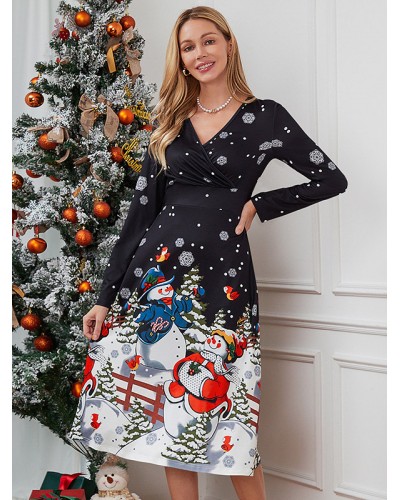 Midi Dress Pattern V-Neck Long Sleeves Dresses Fall Winter Dresses Casual Christmas