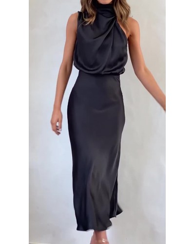 Midi Dress Halter Sleeveless Satin Bridesmaid Dress Classic  Traditional Simple Party