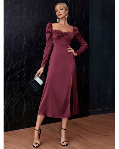 Women Party Dresses Sweetheart Neck Pleated High-Slit Date Dress Maxi Spring Fall