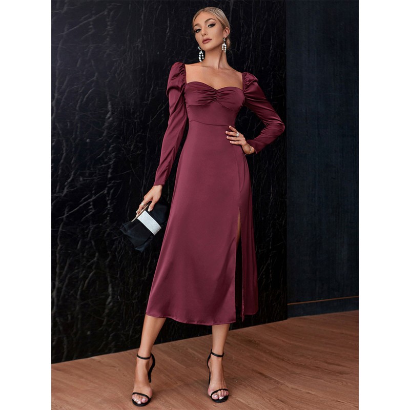 Women Party Dresses Sweetheart Neck Pleated High-Slit Date Dress Maxi Spring Fall