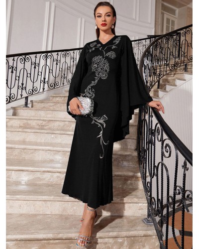 Party Dresses Black V-Neck Embroidered Long Sleeves Semi Formal Dress Classic  Traditional Daily Casual