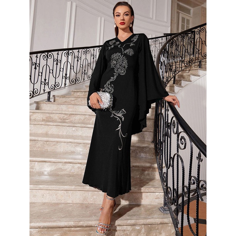 Party Dresses Black V-Neck Embroidered Long Sleeves Semi Formal Dress Classic  Traditional Daily Casual